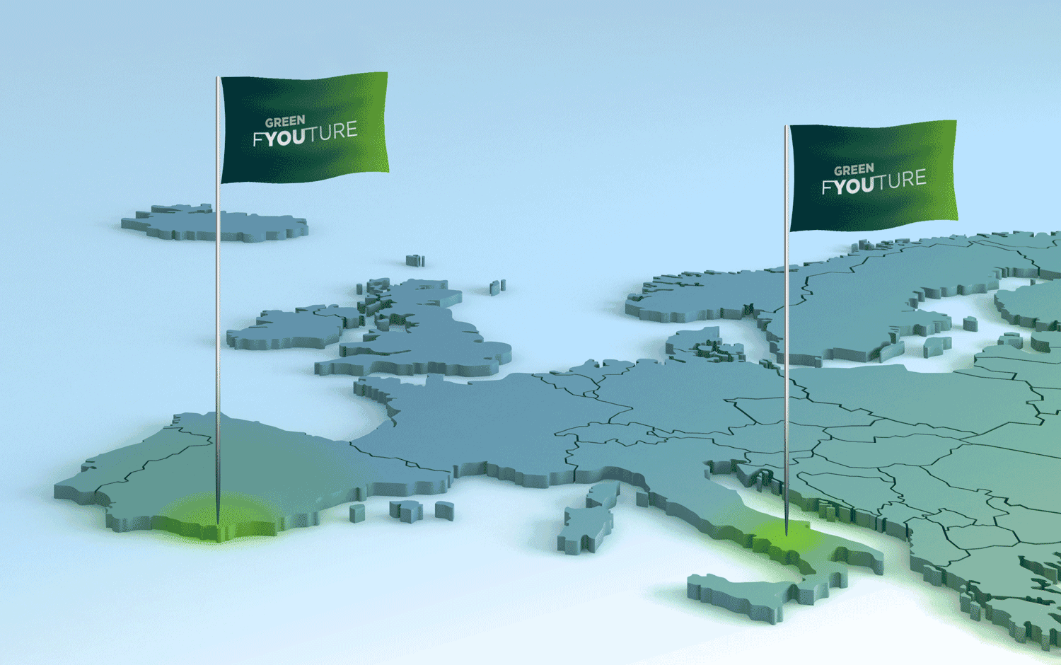 Stylized 3D map of Europe viewed from an elevated angle, highlighting two locations marked with green illuminated areas and flagpoles. Both flags display the text “GREEN FYOUTURE.” One marker is positioned on the Iberian Peninsula and the other in Southeastern Europe. Country borders are outlined across the continent, while the minimalist blue-toned design emphasizes international presence, geographic reach, and sustainable energy initiatives across Europe.