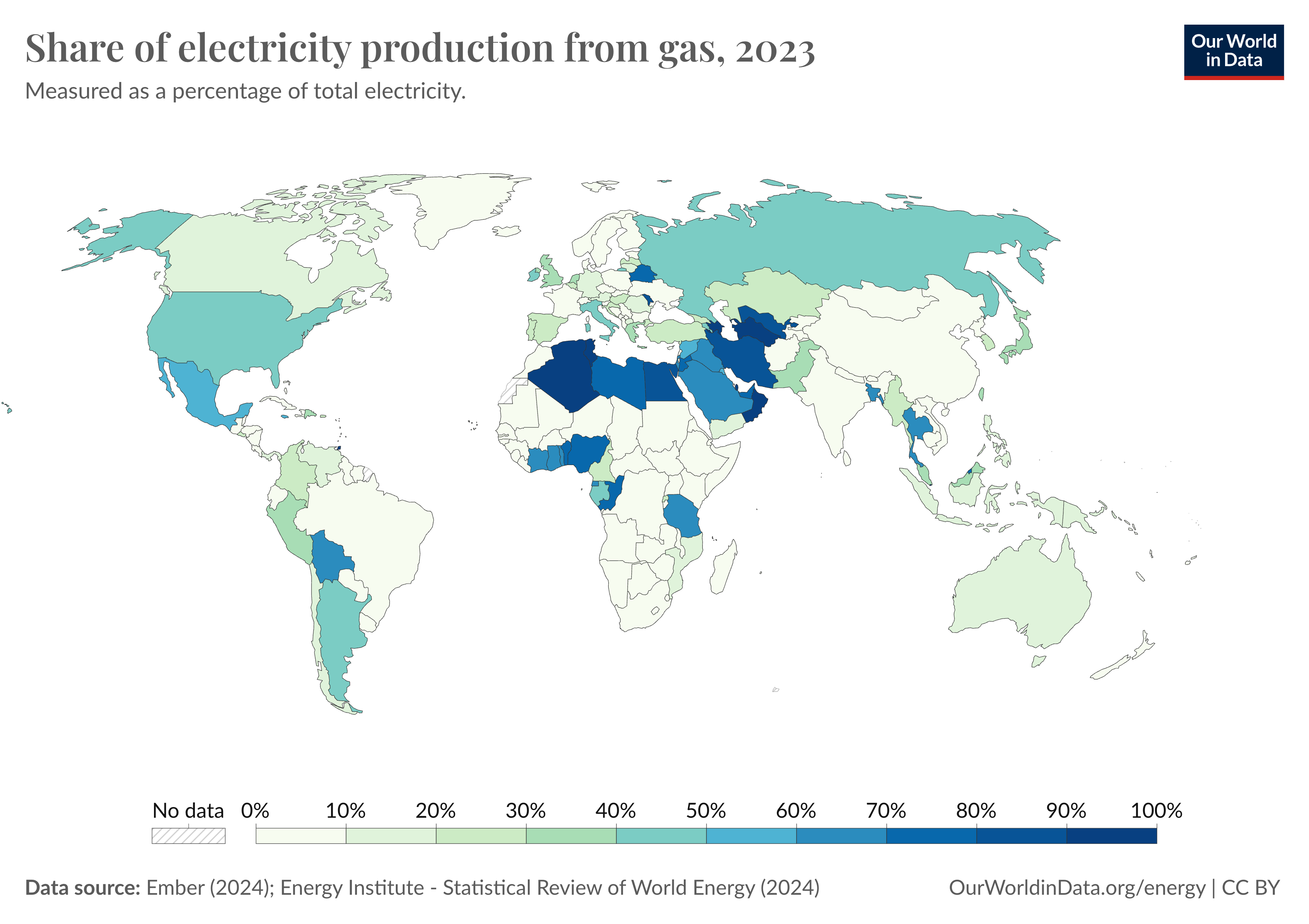 A gázból történő villamosenergia-termelés aránya 2023-ban (Our Word In Data)